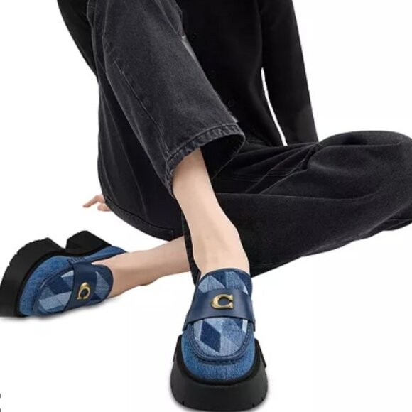 NWB COACH Leah Denim Patchwork Logo Detail Chunk Platform Loafers  -Size 6 - Picture 1 of 2